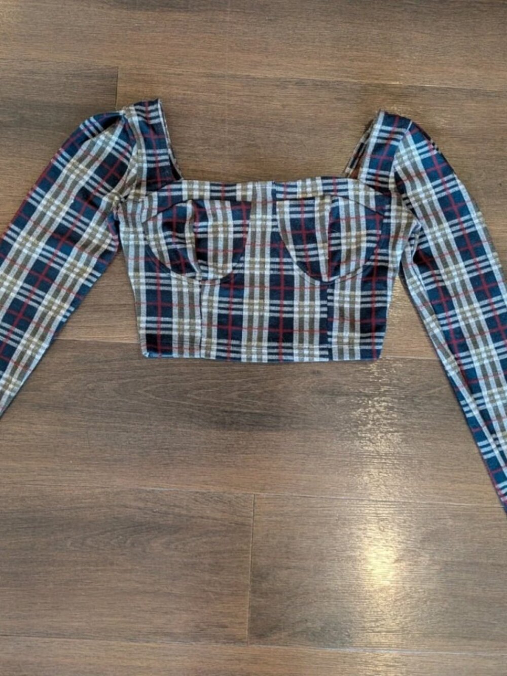 Women's Navy Plaid Long Sleeve Crop Top with Square Neck Size S